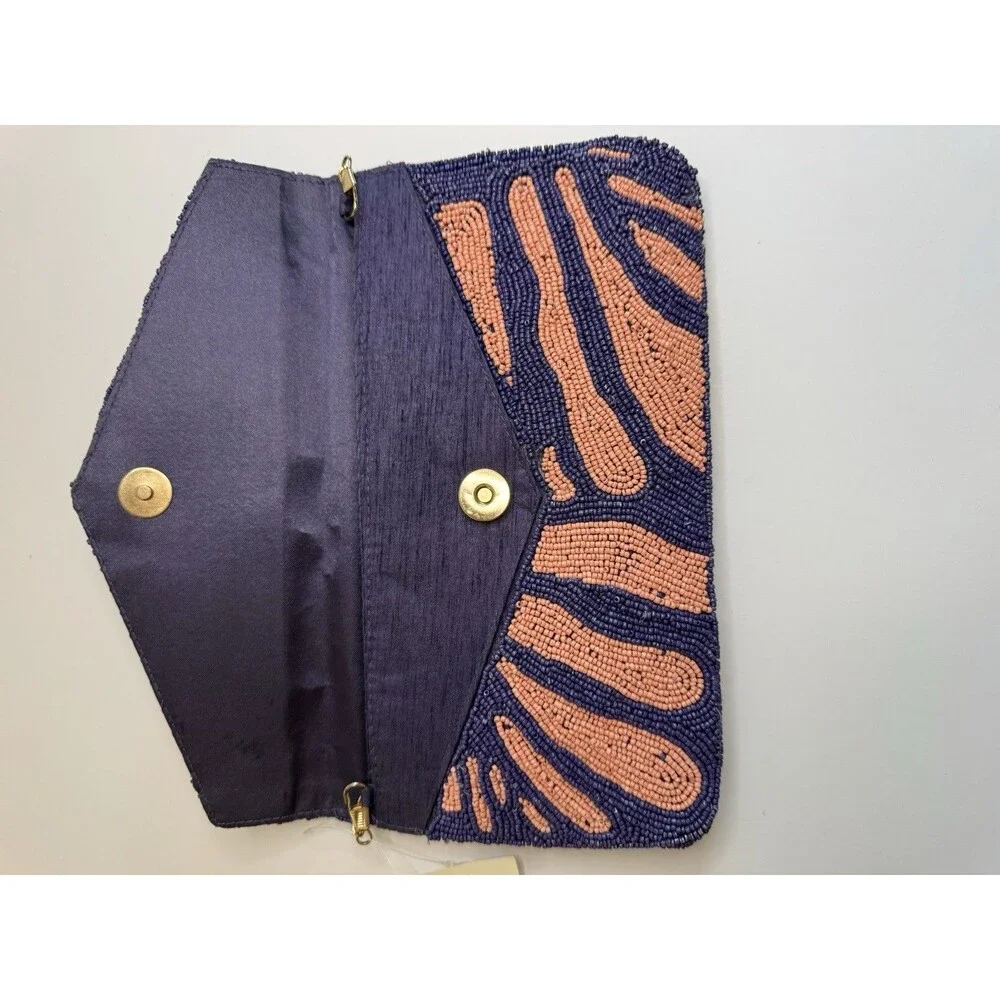 On 34th hand-beaded envelope clutch -navy and coral pink zebra stripe design